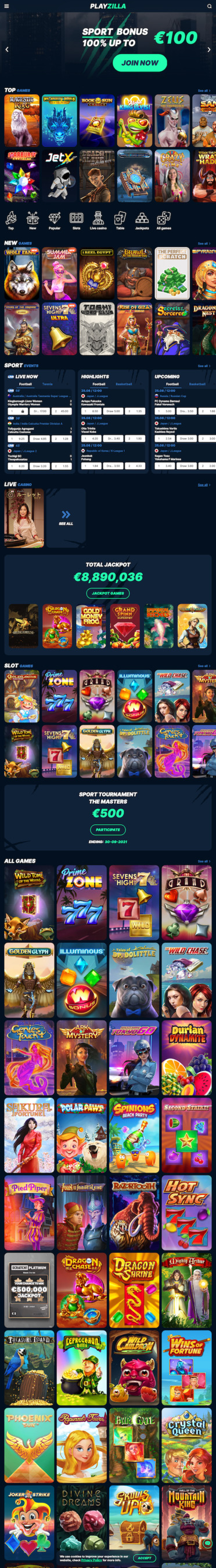 Screen strony głównej kasyna PlayZilla